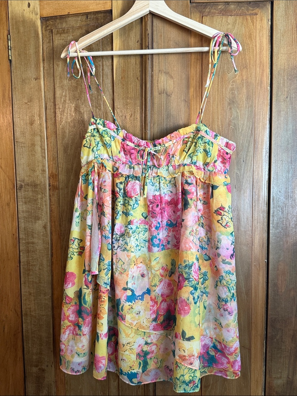 For Love Bell L Yellow Floral Tie-Shoulder Mini Dress Feminine Flowy